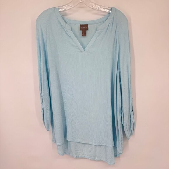 Chicos 2 Womens Light Blue V-Neck Crinkle Rayon Blouse Tunic Top Size Large - Picture 7 of 14